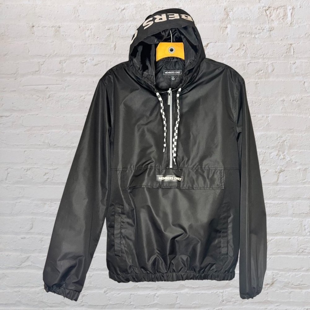 Men's Members Only Black Anorak Windbreaker Jacket with Hood Logo - M.